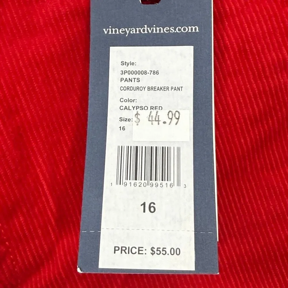 Vineyard Vines Red Corduroy Breaker Pants - Big Boys US 16